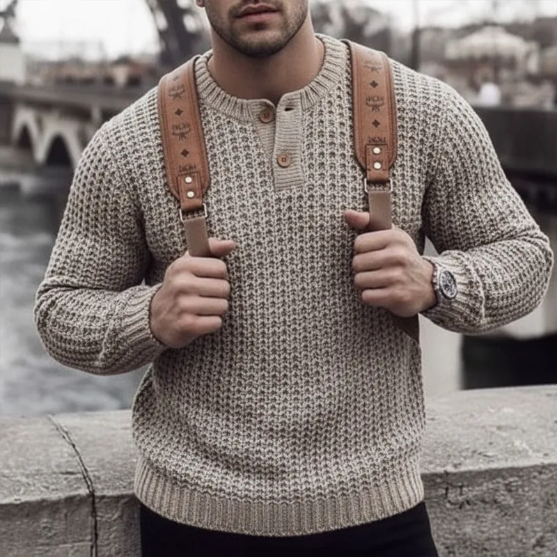 Men's Urban Two-Button Henley Collar Textured Knit Sweater MTA1450K1U sold by Manly product image thumbnail 2