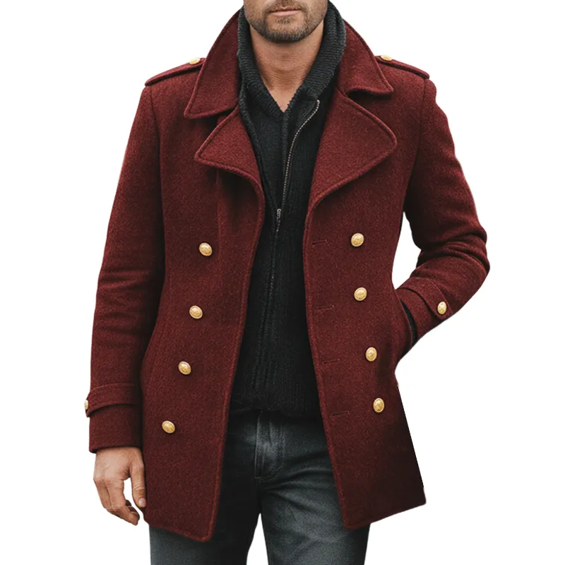 Men's Retro Dark Red Double-Breasted Faux Wool Short Coat MTA1537K9U sold by Manly