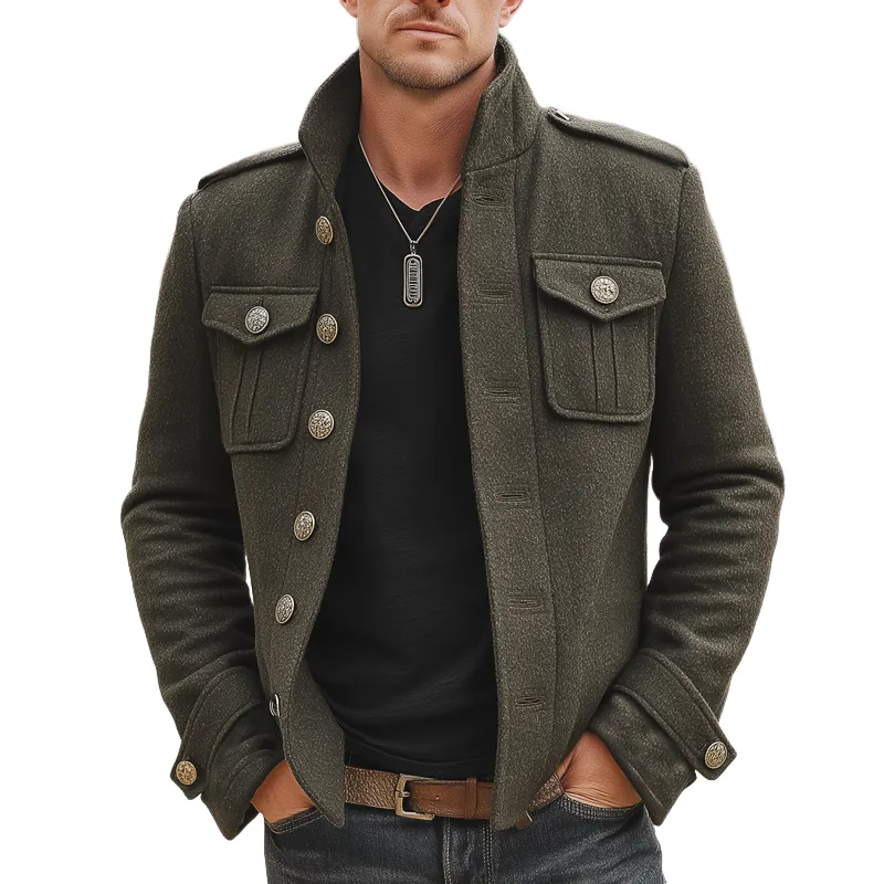 Men's Classic Army Green Stand-up Collar  Faux Woolen Jacket MTA1551K2U sold by Manly