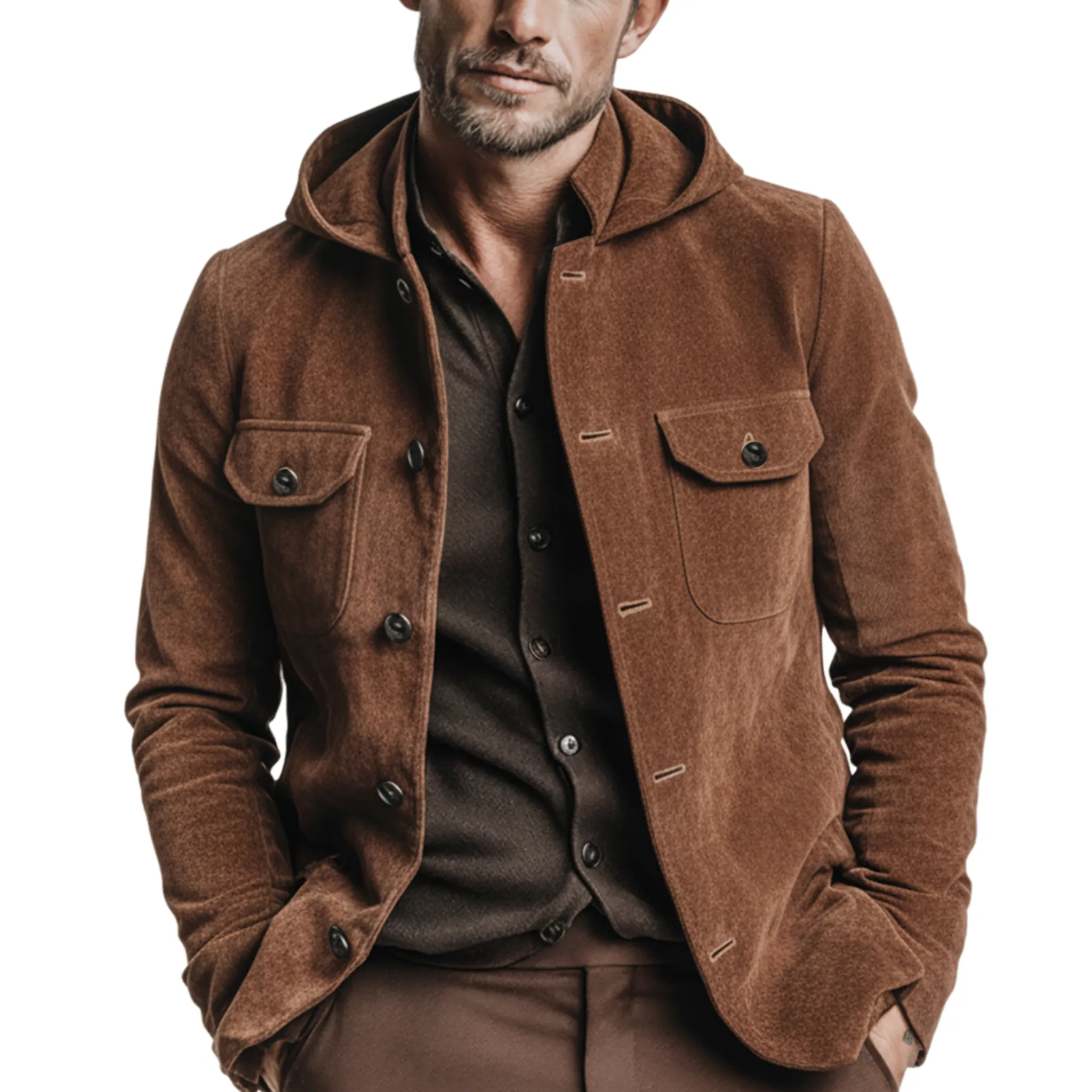 Men's Classic Casual Hooded Faux Suede Single-Breasted Jacket MTA1536K1K sold by Manly