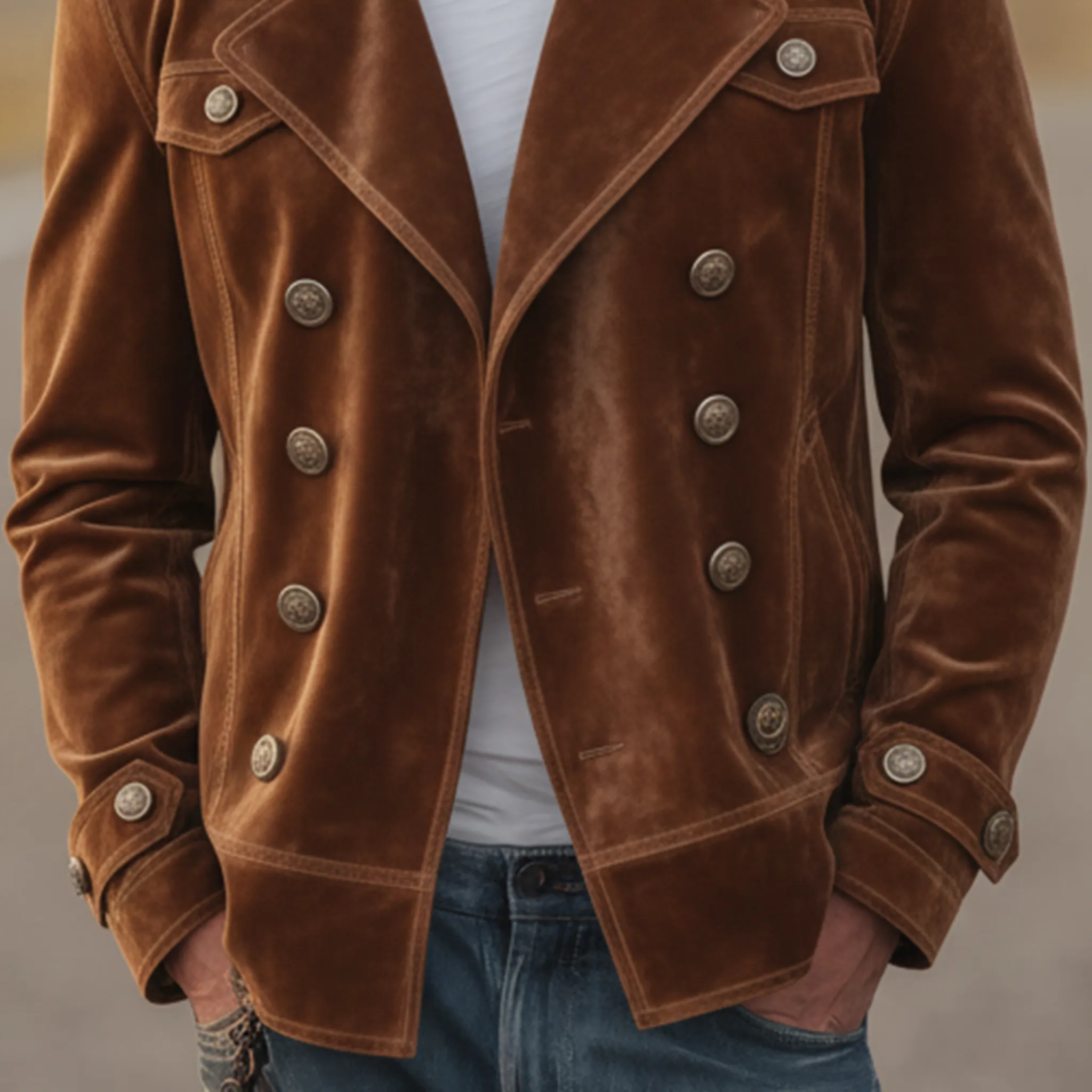 Men's Classic Retro Western Style Double-breasted Faux Velvet Lapel Jacket MTA1435K3K sold by Manly product image thumbnail 5