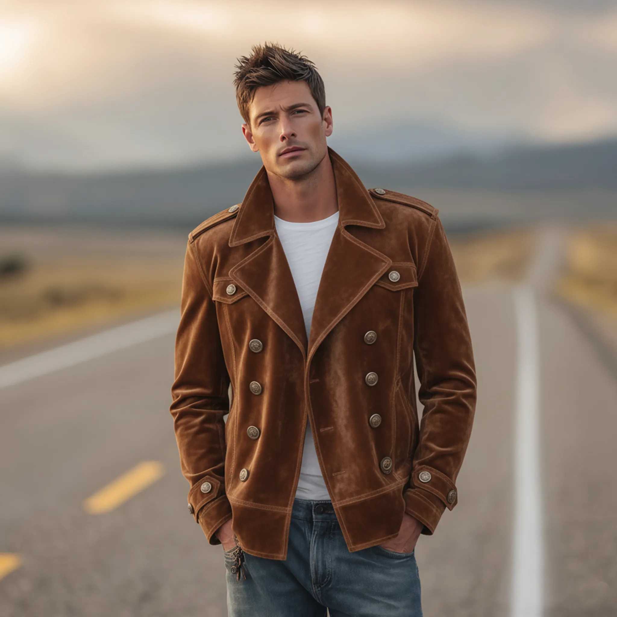 Men's Classic Retro Western Style Double-breasted Faux Velvet Lapel Jacket MTA1435K3K sold by Manly product image thumbnail 2