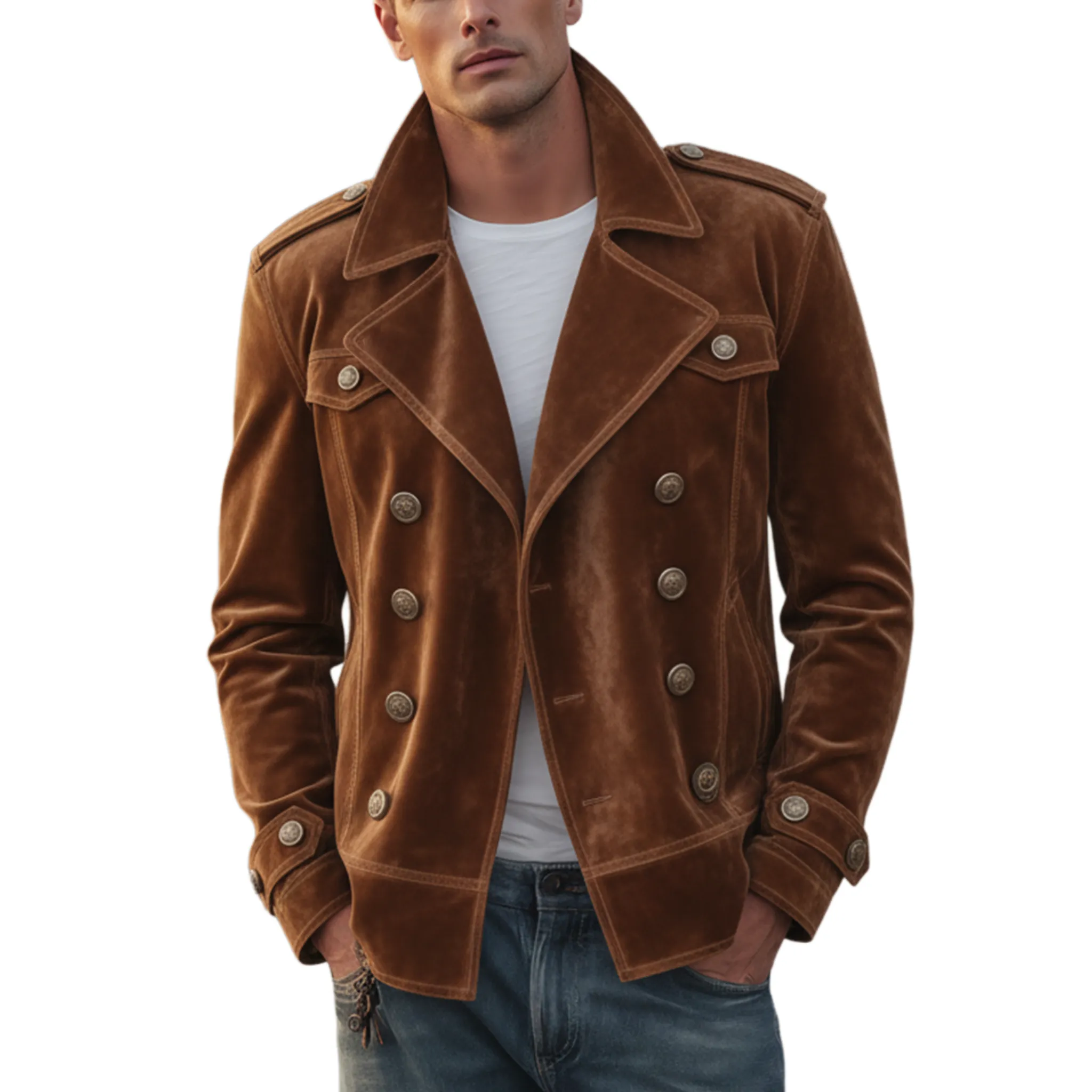 Men's Classic Retro Western Style Double-breasted Faux Velvet Lapel Jacket MTA1435K3K sold by Manly