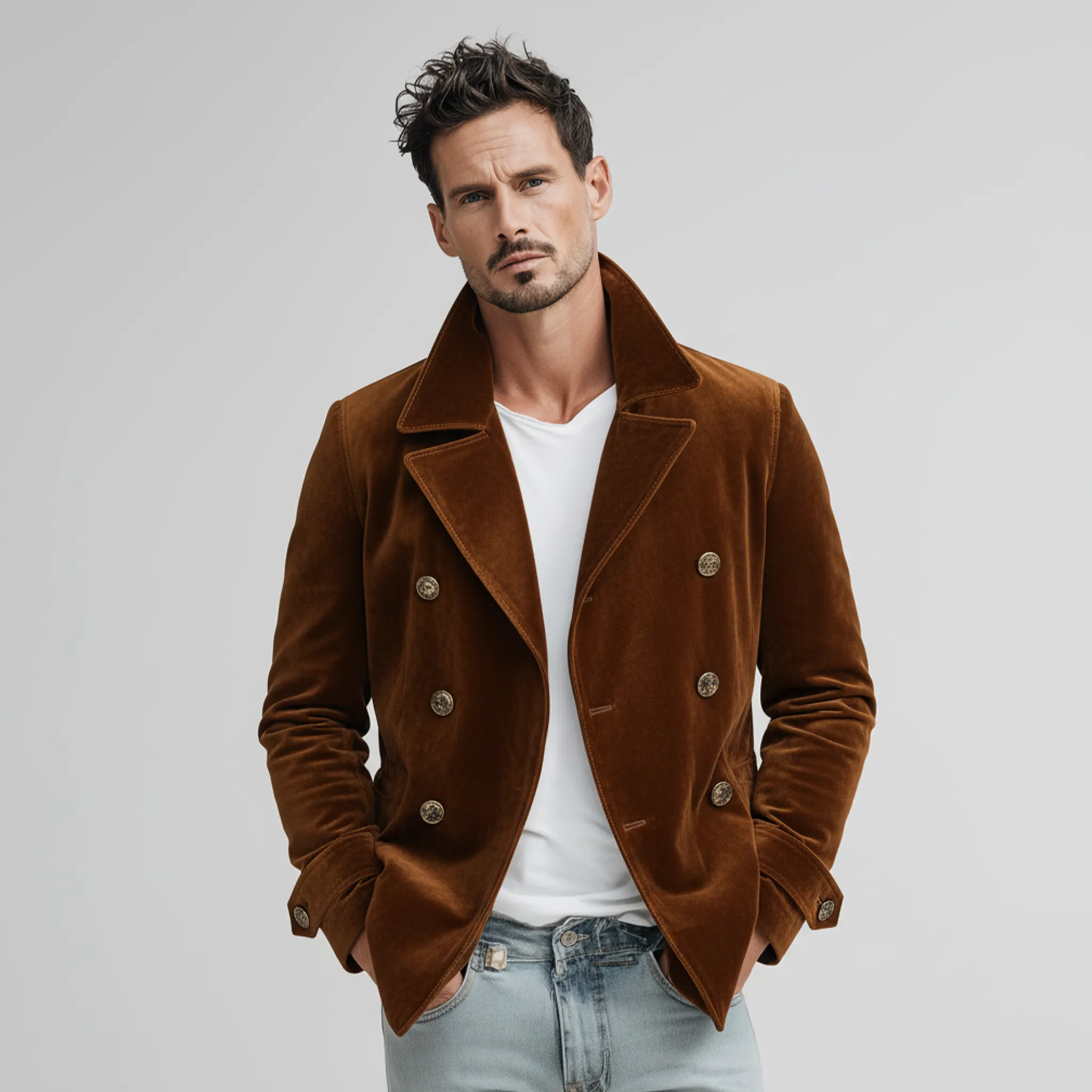 Men's Classic Retro Lapel Double-breasted Faux Velvet Jacket MTA1406K9K sold by Manly product image thumbnail 2