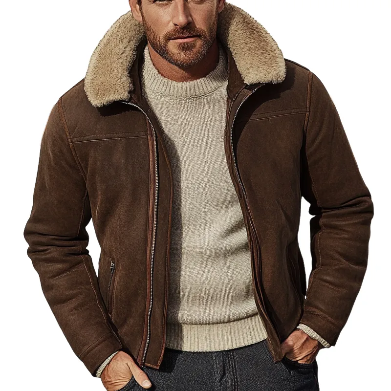 Men's Retro Lapel Faux Fur Patchwork Suede Jacket MTA1566K1X sold by Manly