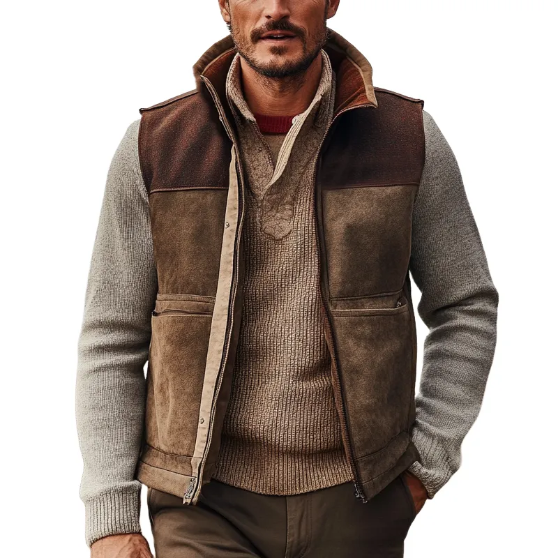 Men's Retro Color Block Suede Zipper Stand Collar Vest MTA1565K6X sold by Manly