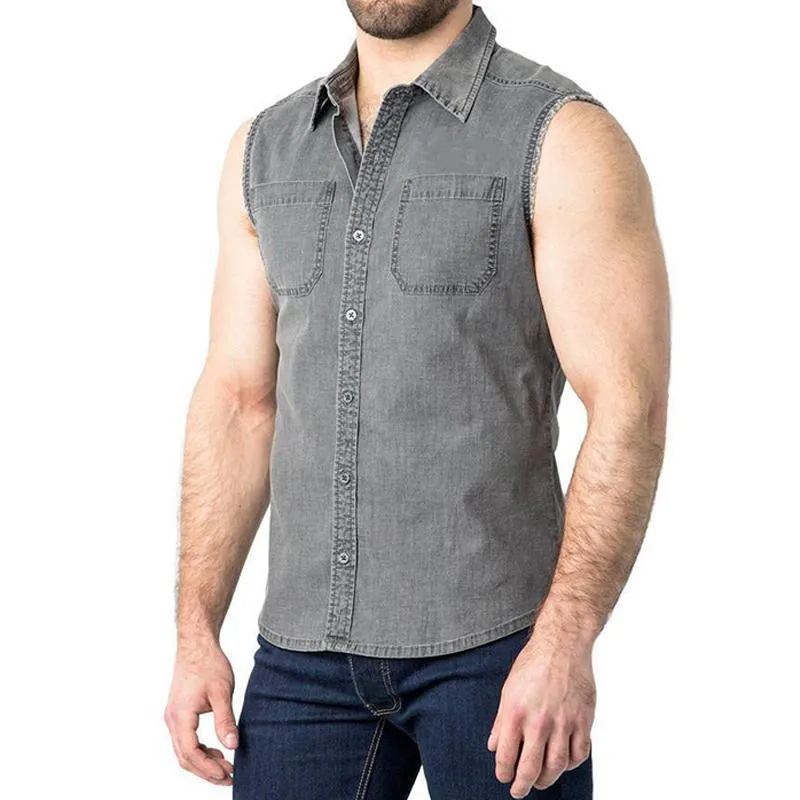 Men's Vintage Lapel Sleeveless Denim Shirt 59950566M sold by Manly product image thumbnail 2