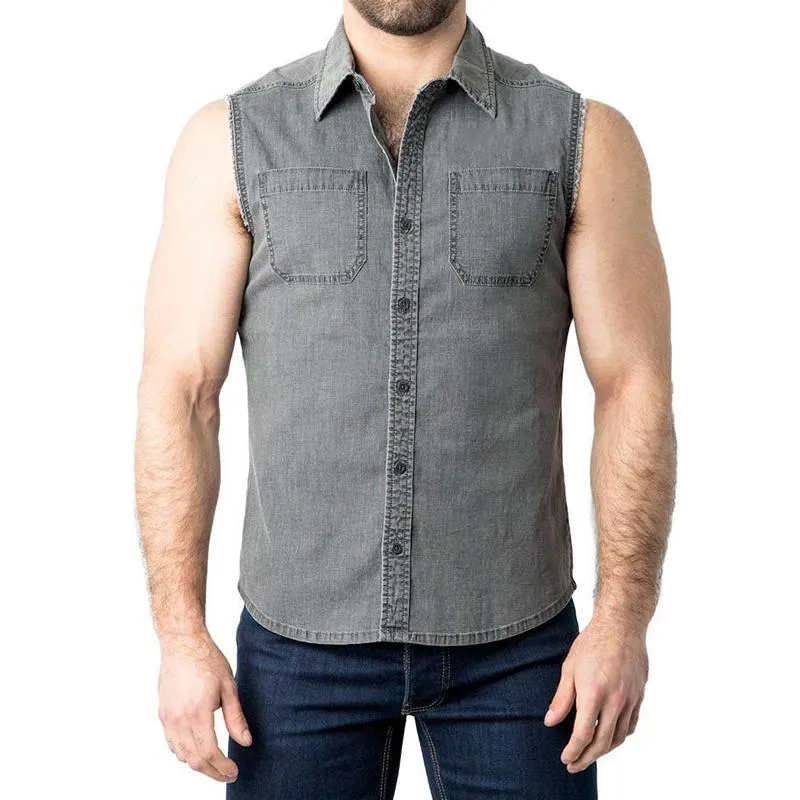 Men's Vintage Lapel Sleeveless Denim Shirt 59950566M sold by Manly