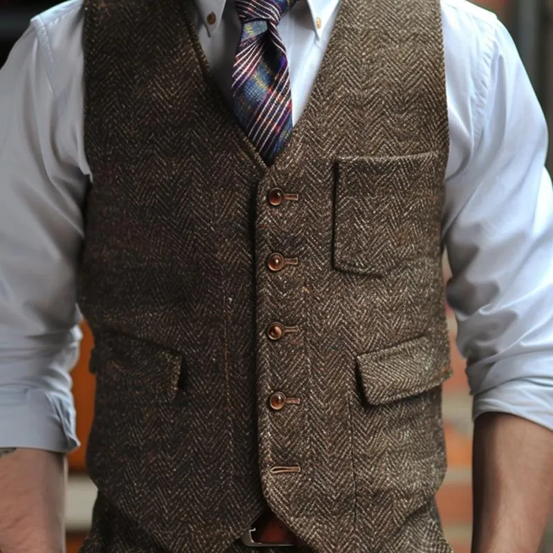 Men's Vintage V-neck Herringbone Single-breasted Suit Vest 31502877M sold by Manly product image thumbnail 3