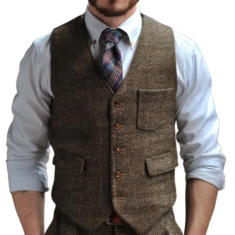Men's Vintage V-neck Herringbone Single-breasted Suit Vest 31502877M sold by Manly