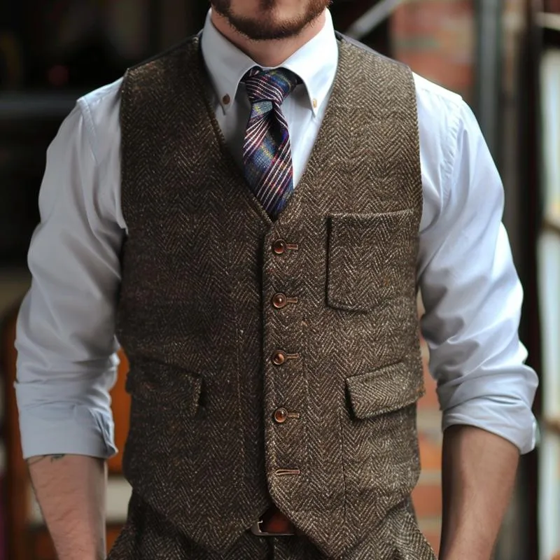 Men's Vintage V-neck Herringbone Single-breasted Suit Vest 31502877M sold by Manly product image thumbnail 2