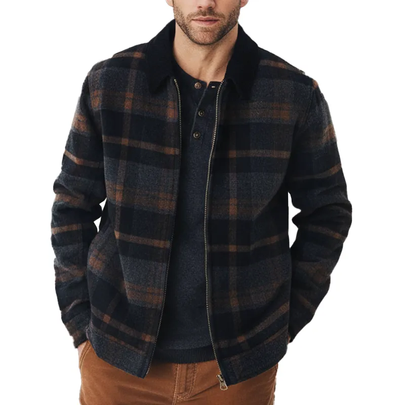 Men's Winter Retro Color-blocked Plaid Faux Wool Zip-up Jacket MTA1804K0P sold by Manly