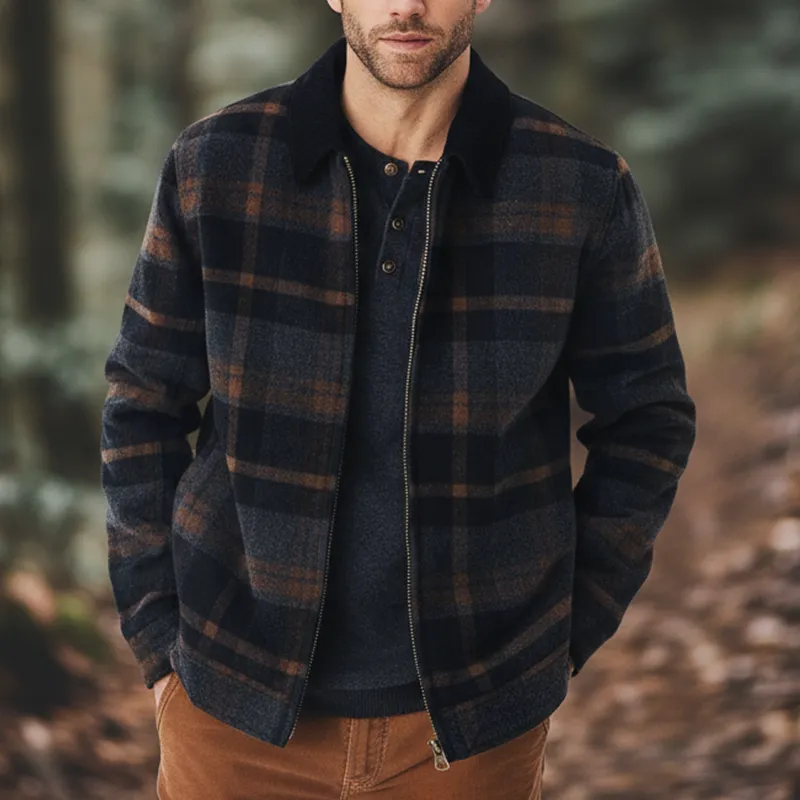 Men's Winter Retro Color-blocked Plaid Faux Wool Zip-up Jacket MTA1804K0P sold by Manly product image thumbnail 2