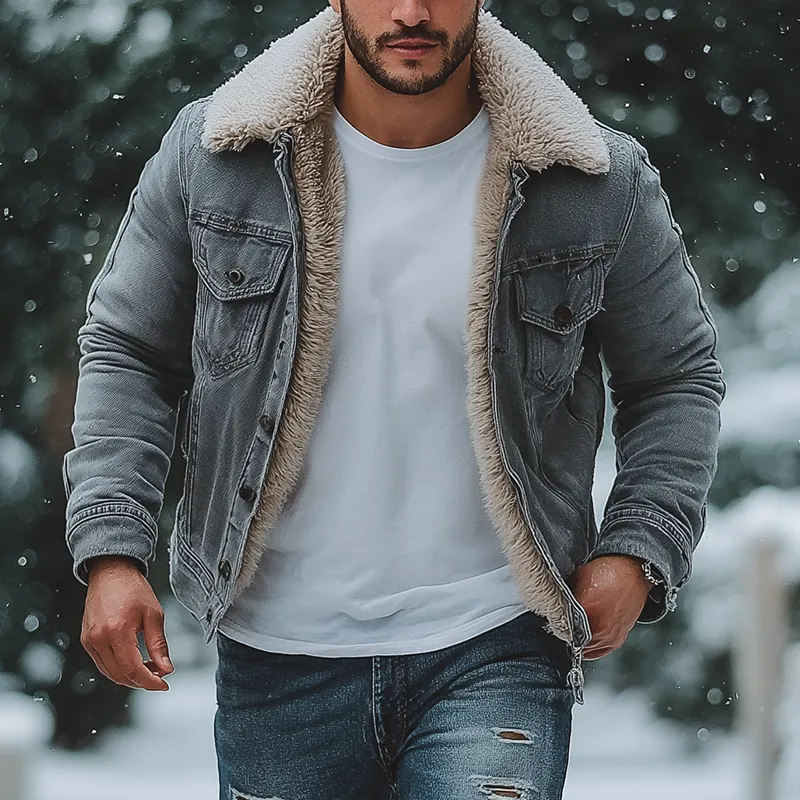 Men's Winter Retro Denim Fur Lined Button Jacket MTA1936K9P sold by Manly product image thumbnail 2