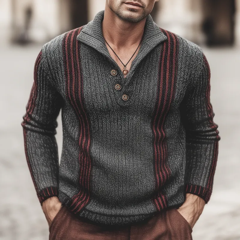 Men's Urban Dark Gray Color-Blocked Striped Button-Up Collar Knit Sweater MTA1987K0U sold by Manly product image thumbnail 2