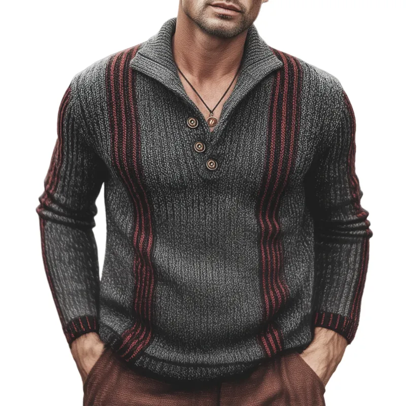 Men's Urban Dark Gray Color-Blocked Striped Button-Up Collar Knit Sweater MTA1987K0U sold by Manly