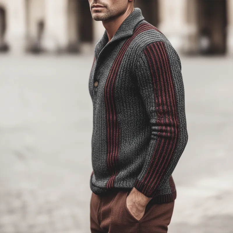 Men's Urban Dark Gray Color-Blocked Striped Button-Up Collar Knit Sweater MTA1987K0U sold by Manly product image thumbnail 3