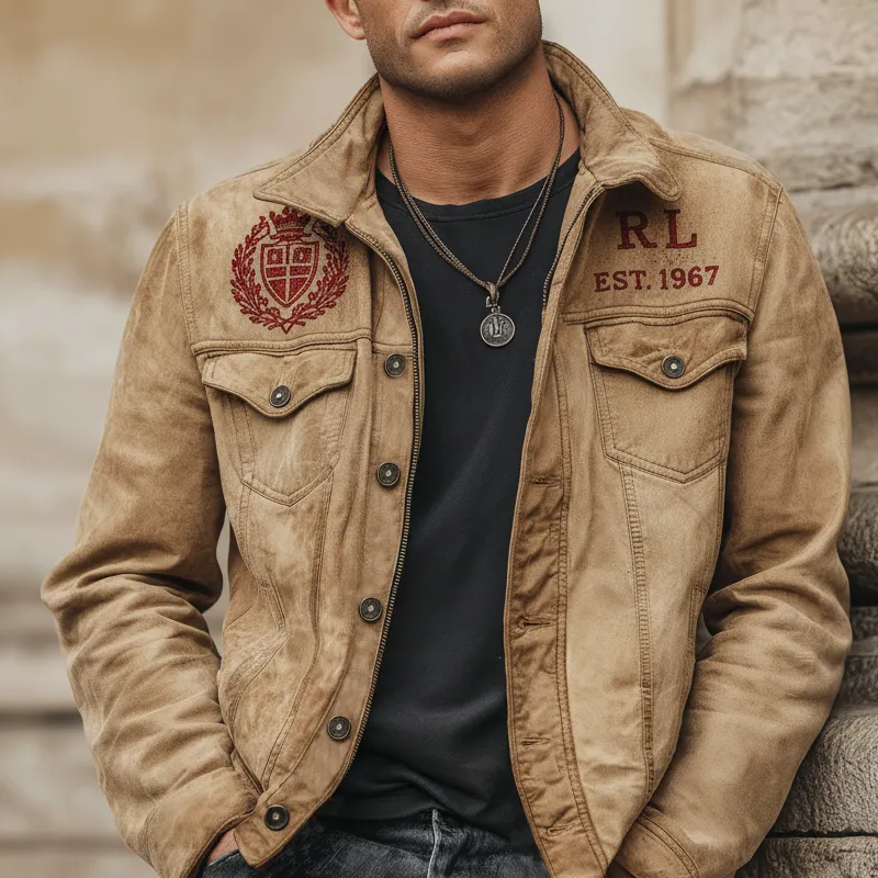 Men's Urban Retro Suede Embroidered Lapel Jacket MTA1917K7U sold by Manly product image thumbnail 4