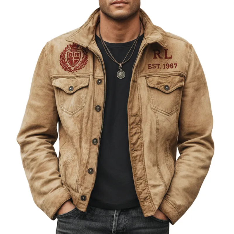 Men's Urban Retro Suede Embroidered Lapel Jacket MTA1917K7U sold by Manly