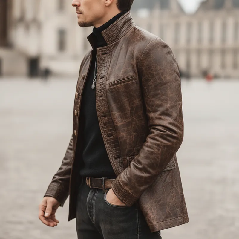 Men's Retro Stand Collar Multi-Button Distressed Patchwork Crocodile Texture PU Leather Jacket MTA1968K4U sold by Manly product image thumbnail 3