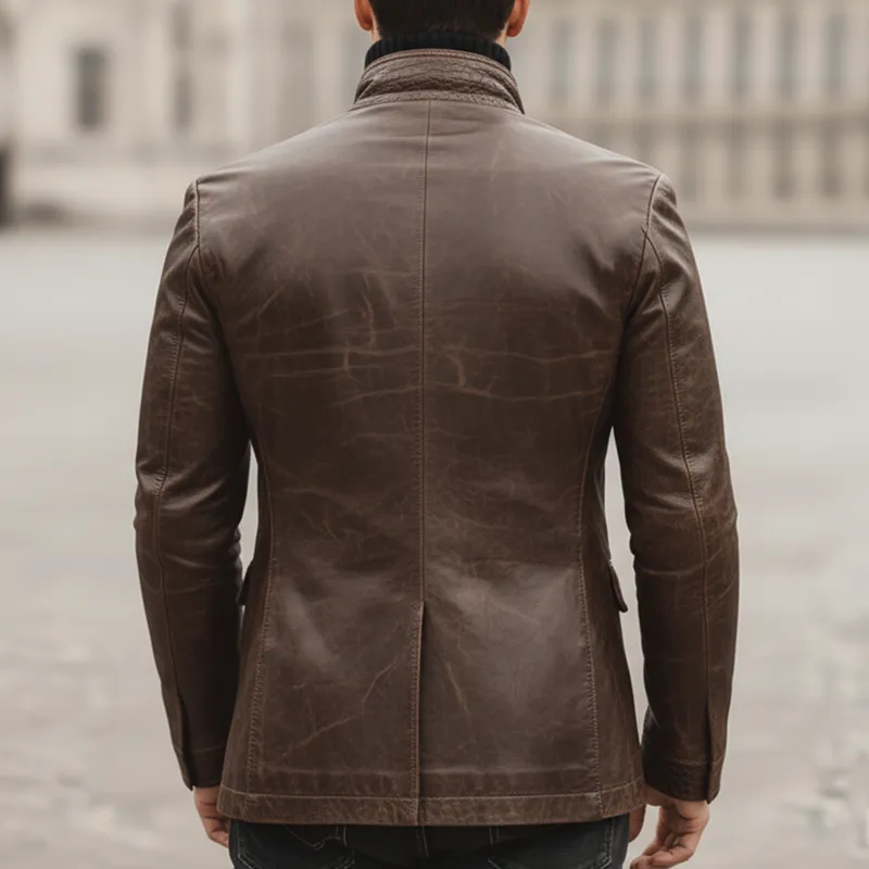 Men's Retro Stand Collar Multi-Button Distressed Patchwork Crocodile Texture PU Leather Jacket MTA1968K4U sold by Manly product image thumbnail 4