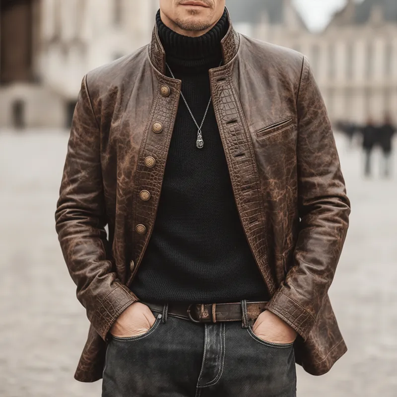 Men's Retro Stand Collar Multi-Button Distressed Patchwork Crocodile Texture PU Leather Jacket MTA1968K4U sold by Manly product image thumbnail 2