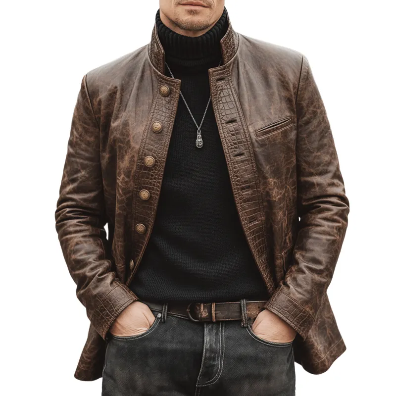 Men's Retro Stand Collar Multi-Button Distressed Patchwork Crocodile Texture PU Leather Jacket MTA1968K4U sold by Manly