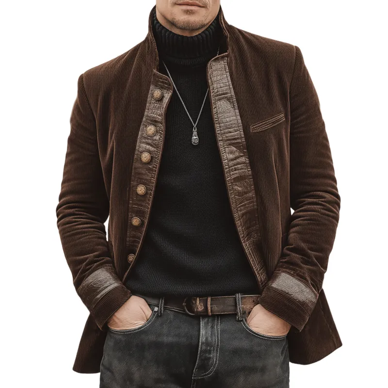 Men's Classic Corduroy And PU Leather Stand Collar Multi-Button Jacket MTA1965K1U sold by Manly