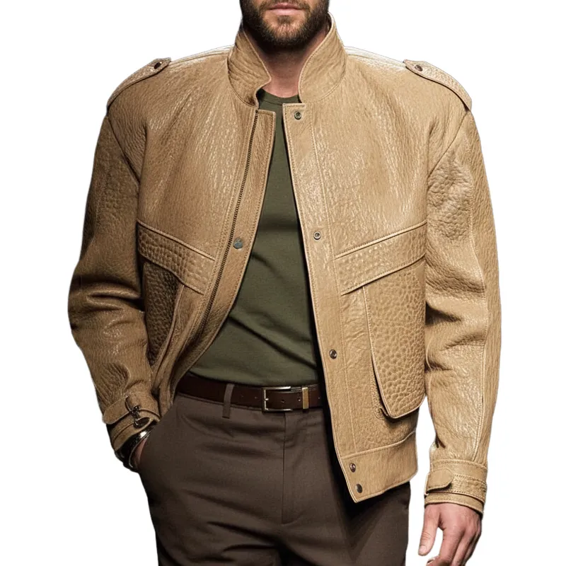 Men's Urban Fashion Stand Collar Textured PU Leather Jacket MTA1985K6U sold by Manly