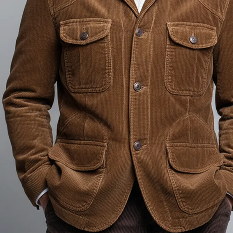 Men's Retro Solid Color Corduroy Lapel Multi-Pocket Jacket MTA1989K7X sold by Manly product image thumbnail 4
