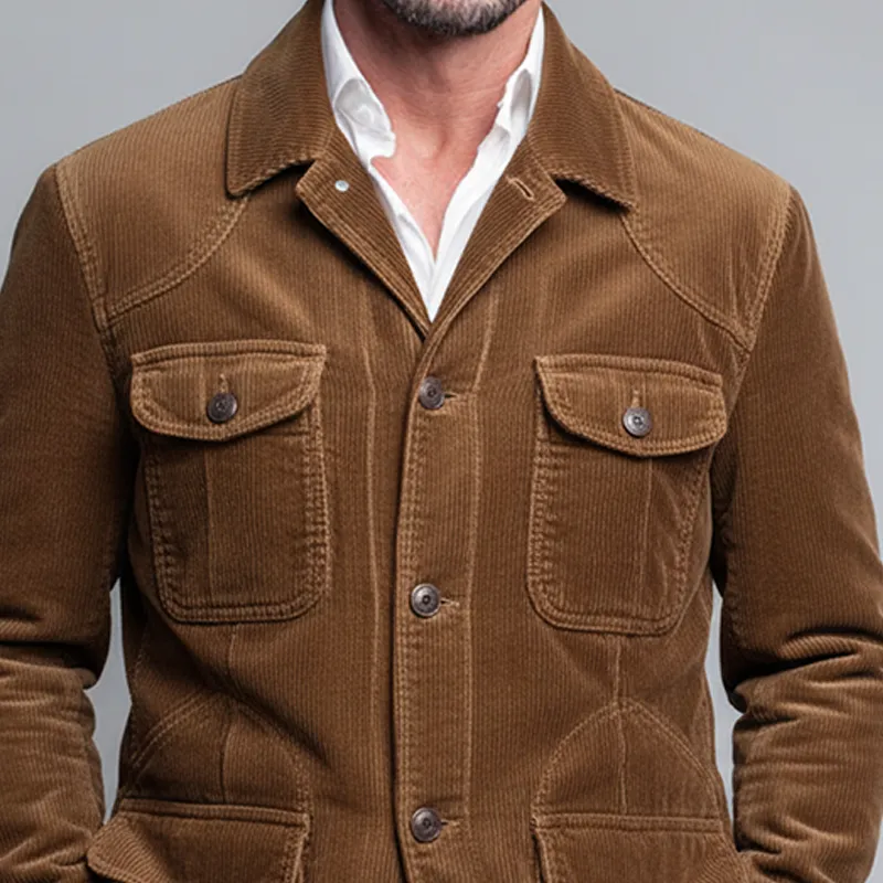 Men's Retro Solid Color Corduroy Lapel Multi-Pocket Jacket MTA1989K7X sold by Manly product image thumbnail 3