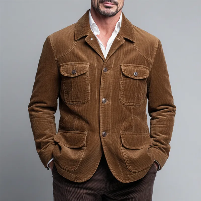 Men's Retro Solid Color Corduroy Lapel Multi-Pocket Jacket MTA1989K7X sold by Manly product image thumbnail 2