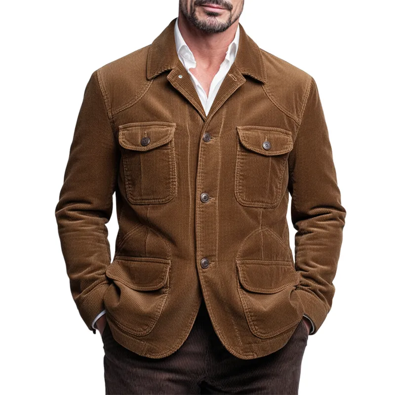 Men's Retro Solid Color Corduroy Lapel Multi-Pocket Jacket MTA1989K7X sold by Manly