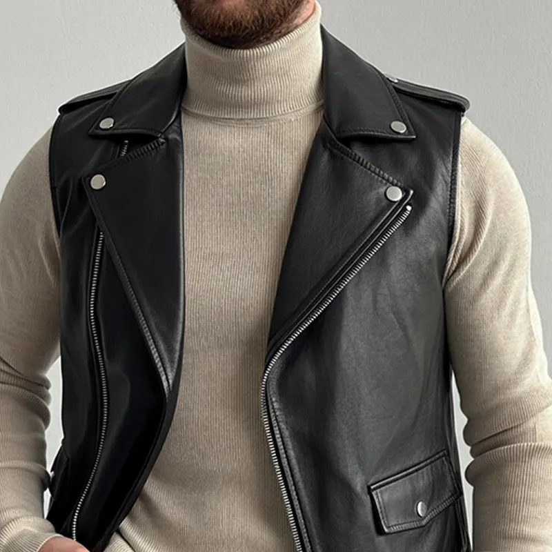 Men's Casual Lapel Loose Zipper PU Vest MTA1918K7X sold by Manly product image thumbnail 2