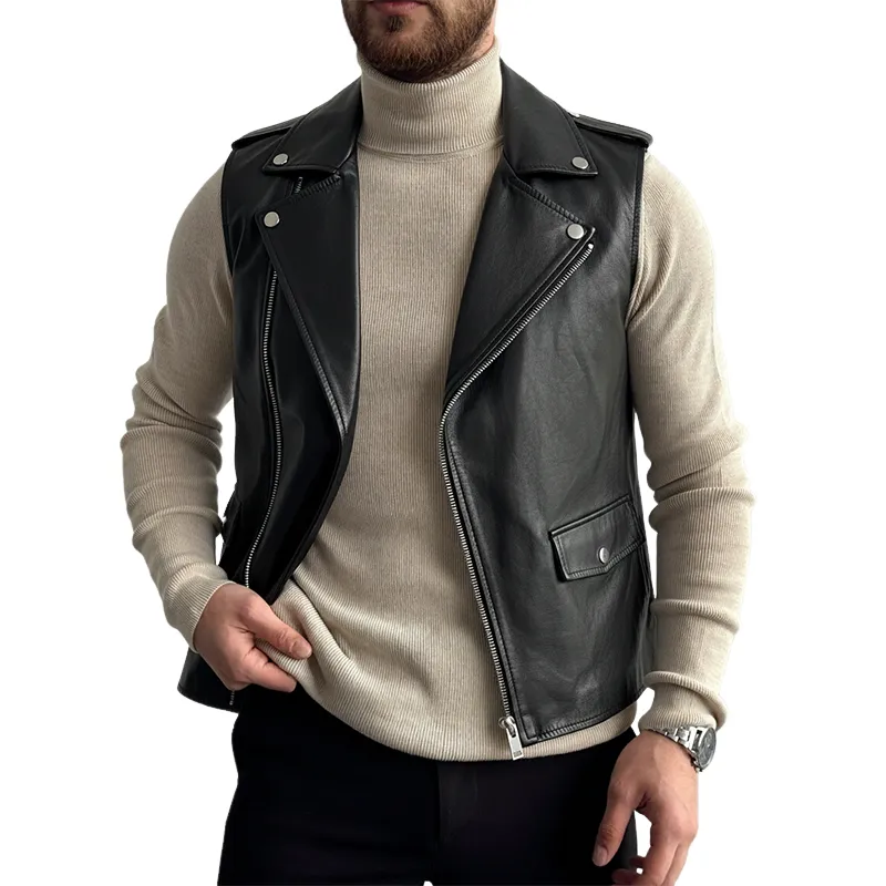 Men's Casual Lapel Loose Zipper PU Vest MTA1918K7X sold by Manly