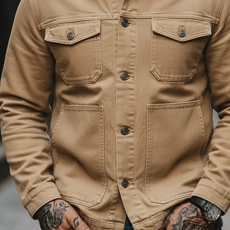 Men's Solid Color Canvas Cotton Lapel Multi-pocket Jacket MTA1908K5X sold by Manly product image thumbnail 5