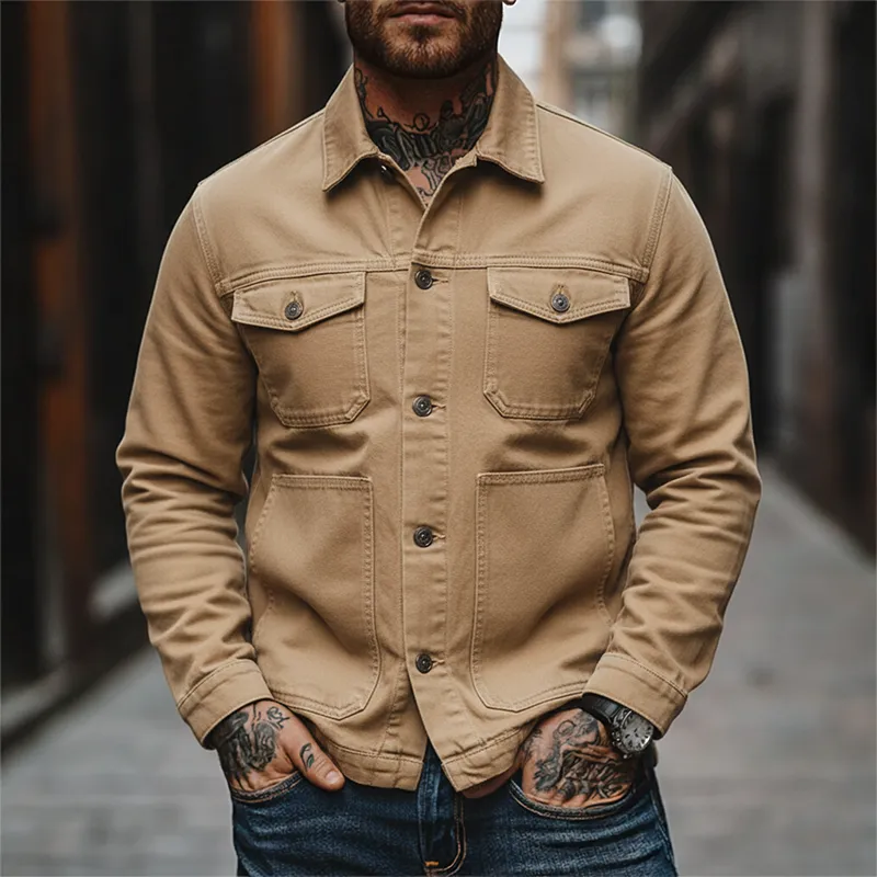 Men's Solid Color Canvas Cotton Lapel Multi-pocket Jacket MTA1908K5X sold by Manly product image thumbnail 4