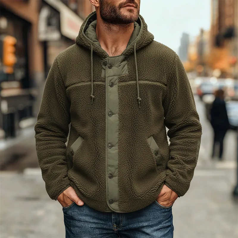 Men's Solid Color Fleece Patchwork Hoodie Button Jacket MTA1919K5X sold by Manly product image thumbnail 2