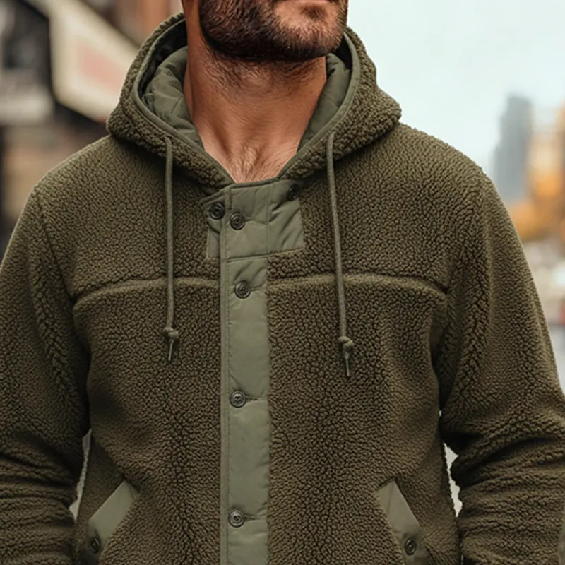 Men's Solid Color Fleece Patchwork Hoodie Button Jacket MTA1919K5X sold by Manly product image thumbnail 3