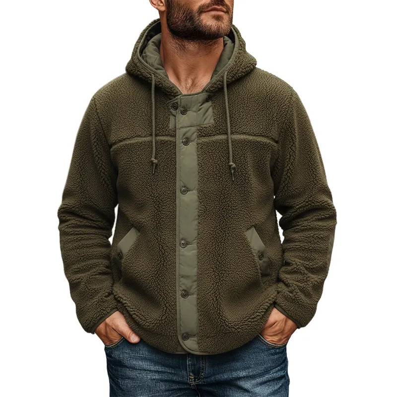 Men's Solid Color Fleece Patchwork Hoodie Button Jacket MTA1919K5X sold by Manly