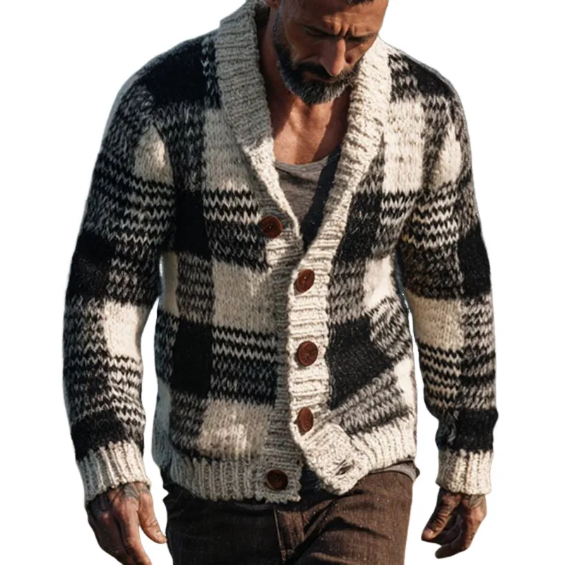 Men's Casual Plaid Jacquard Collared Knit Cardigan MTA1967K2X sold by Manly