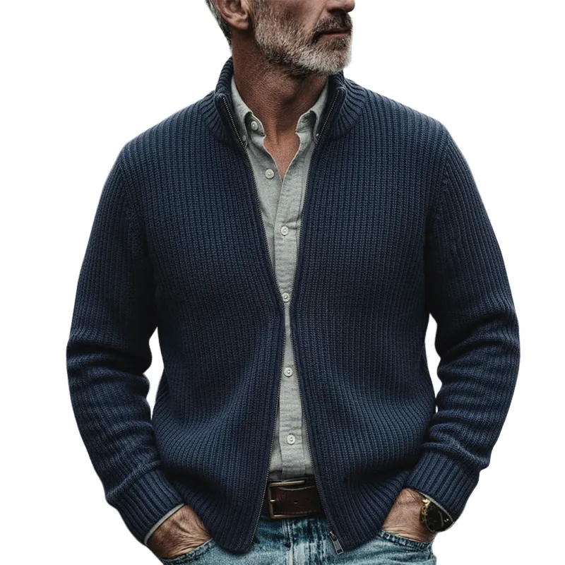 Men's Solid Color Stand Collar Zip-up Knit Cardigan MTA1968K0X sold by Manly