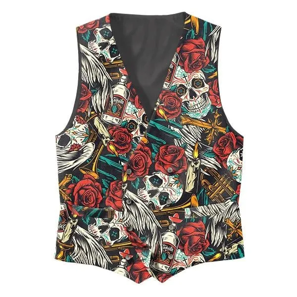 Men's V-Neck Skulls And Roses Print Double Breasted Vest 86959085M sold by Manly