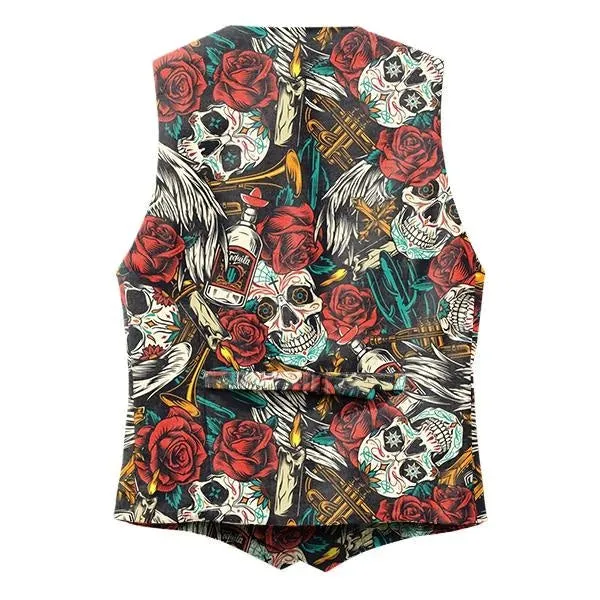 Men's V-Neck Skulls And Roses Print Double Breasted Vest 86959085M sold by Manly product image thumbnail 2