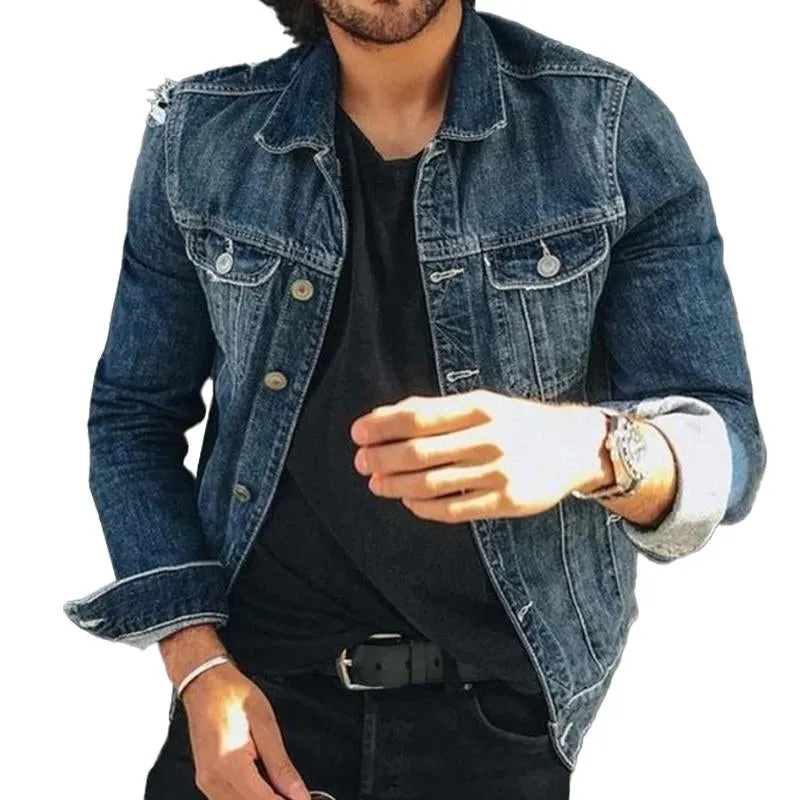 Men's Vintage Washed Ripped Lapel Multi-pocket Denim Jacket 64766621M sold by Manly
