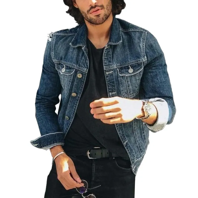 Men's Vintage Washed Ripped Lapel Multi-pocket Denim Jacket 64766621M sold by Manly product image thumbnail 2