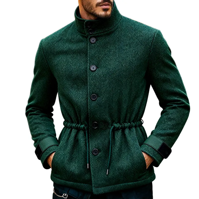 Men's Retro Casual Herringbone Drawstring Stand Collar Jacket MTA1451K1TO sold by Manly