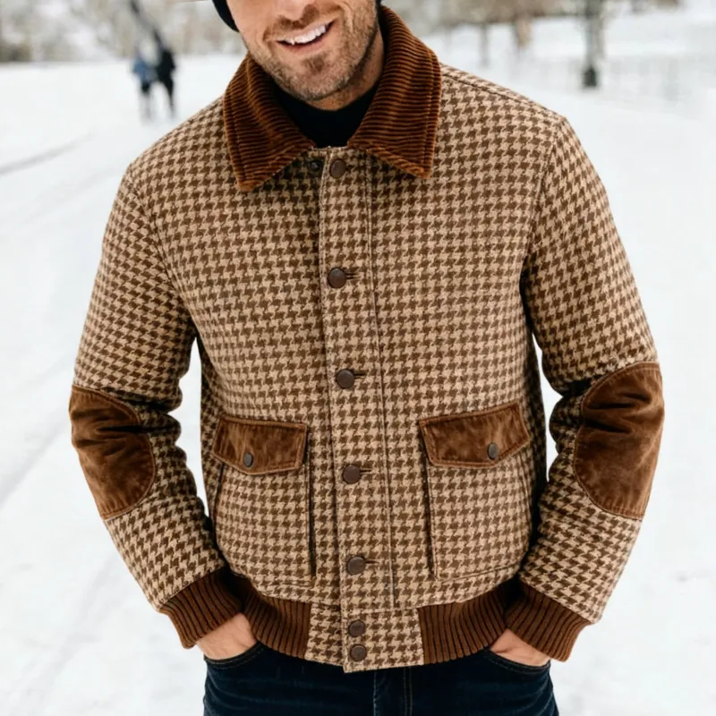 Men's Retro Casual Houndstooth Patchwork Lapel Button Jacket sold by Manly product image thumbnail 2