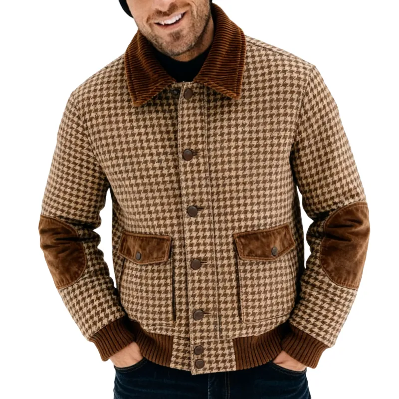 Men's Retro Casual Houndstooth Patchwork Lapel Button Jacket sold by Manly