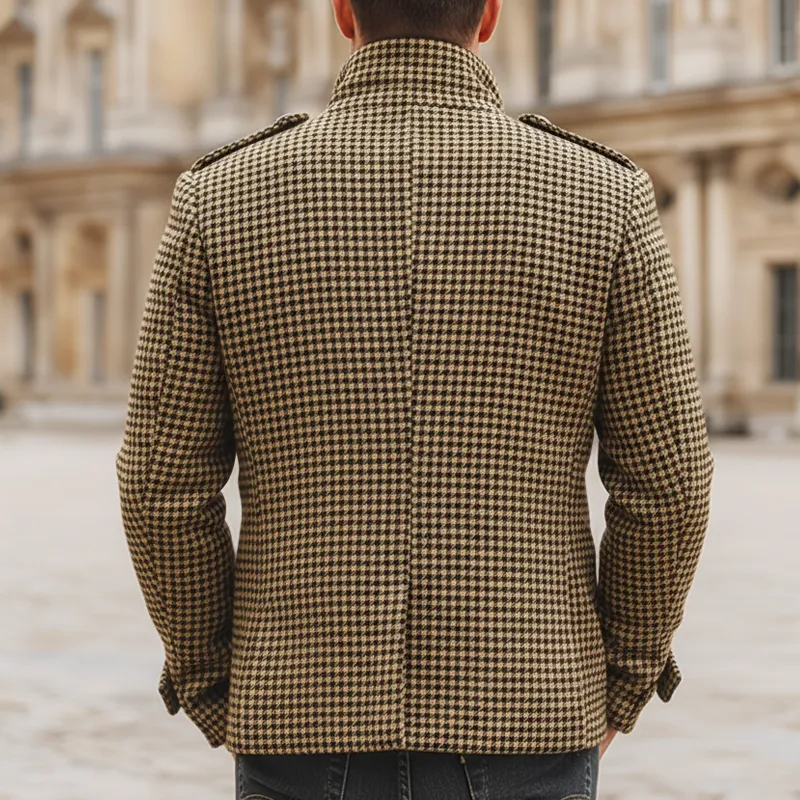 Men's Retro Stand Collar Multi-Button Houndstooth Faux Wool Jacket MTA1847K8U sold by Manly product image thumbnail 4
